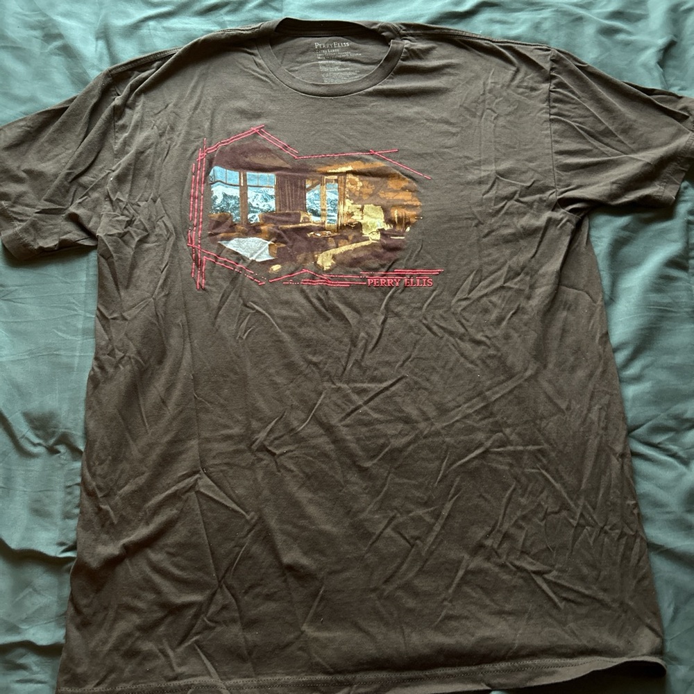 Perry Ellis Brown Tee with Artistic Print